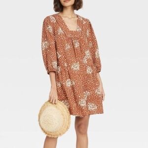 Knox Rose Floral Print Peasant Boho Mini Dress Women's Size Large Rust Cream